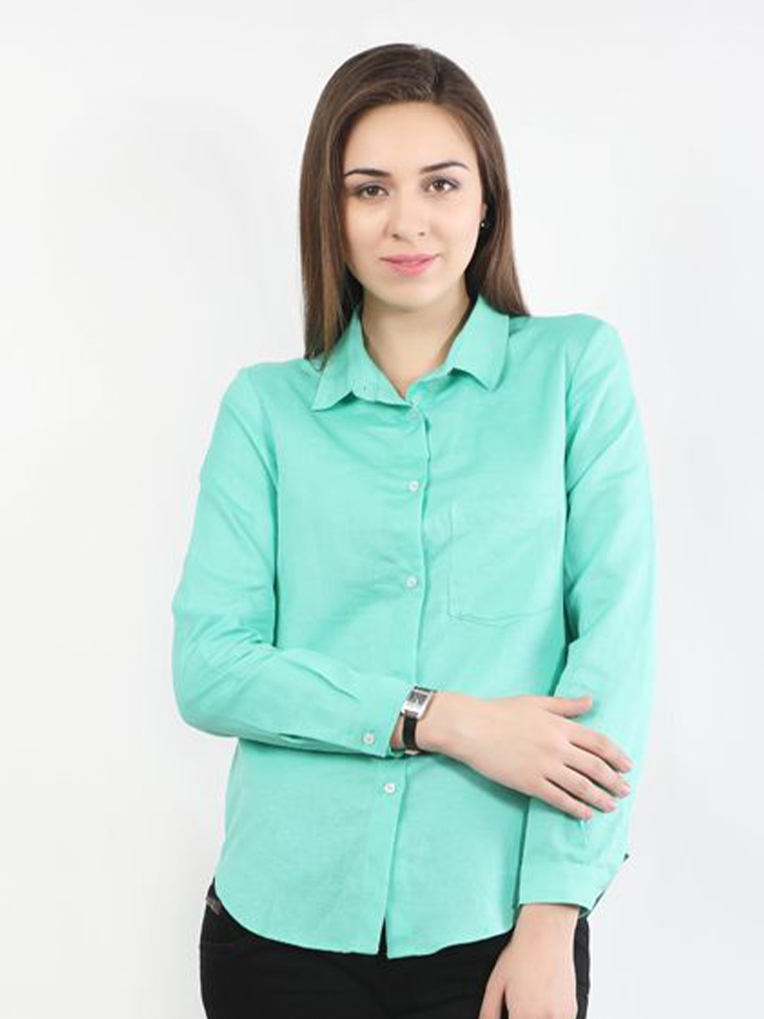 

DELIS Women Cuffed Sleeves Shirt Style Top, Green
