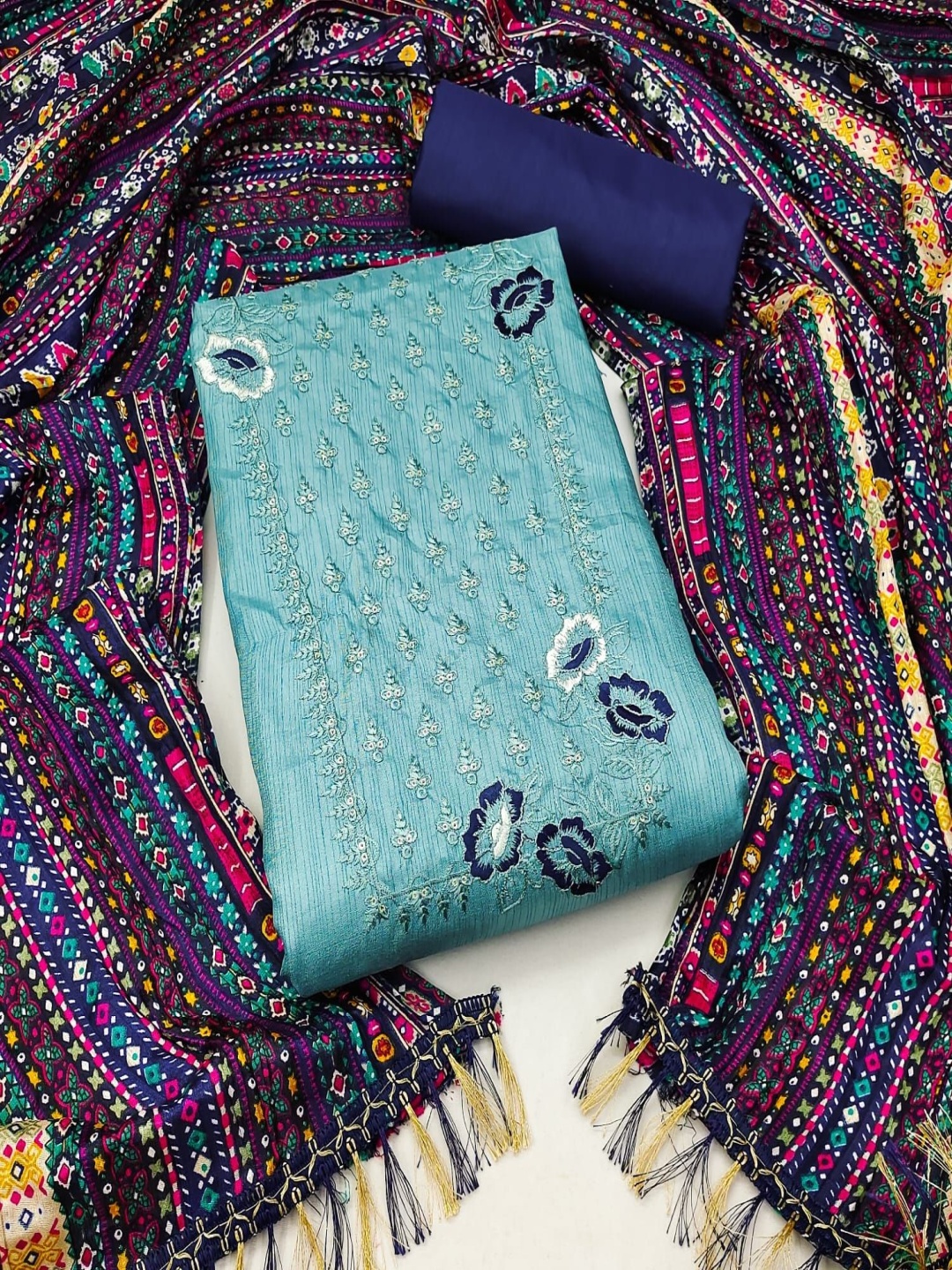 

A TO Z CART Embroidered Pure Silk Unstitched Dress Material, Turquoise blue