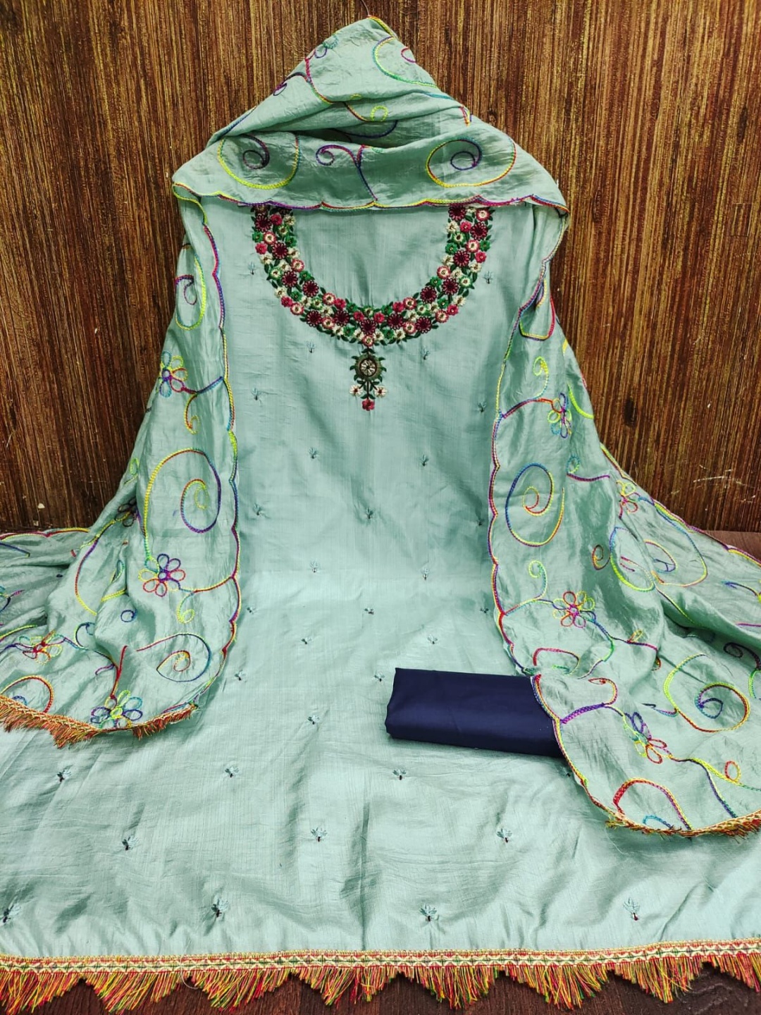 

A TO Z CART Embellished Pure Silk Unstitched Dress Material, Sea green