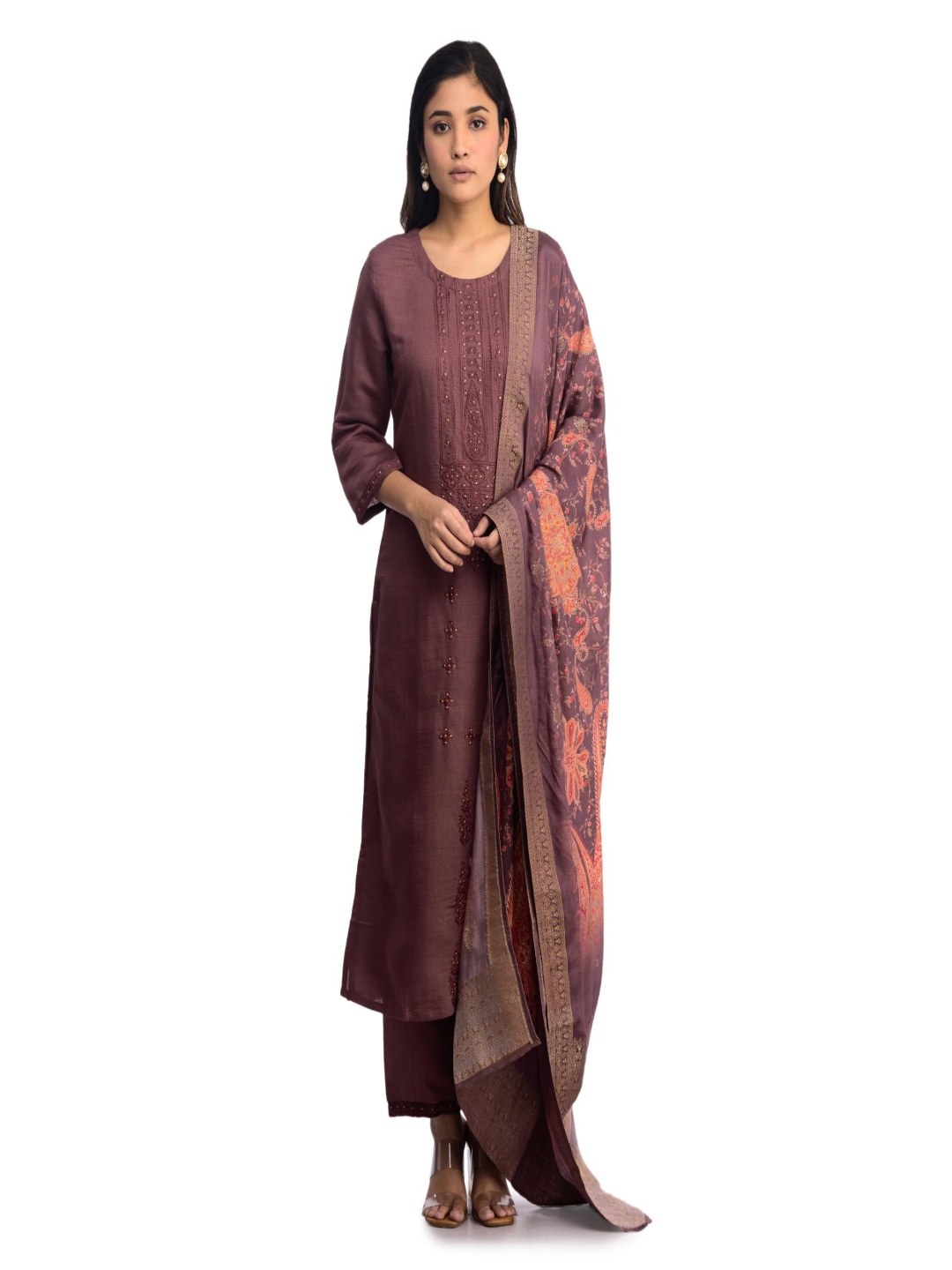 

ISHKIYA Floral Embroidered Beads And Stones Straight Kurta With Trousers And Dupatta, Brown