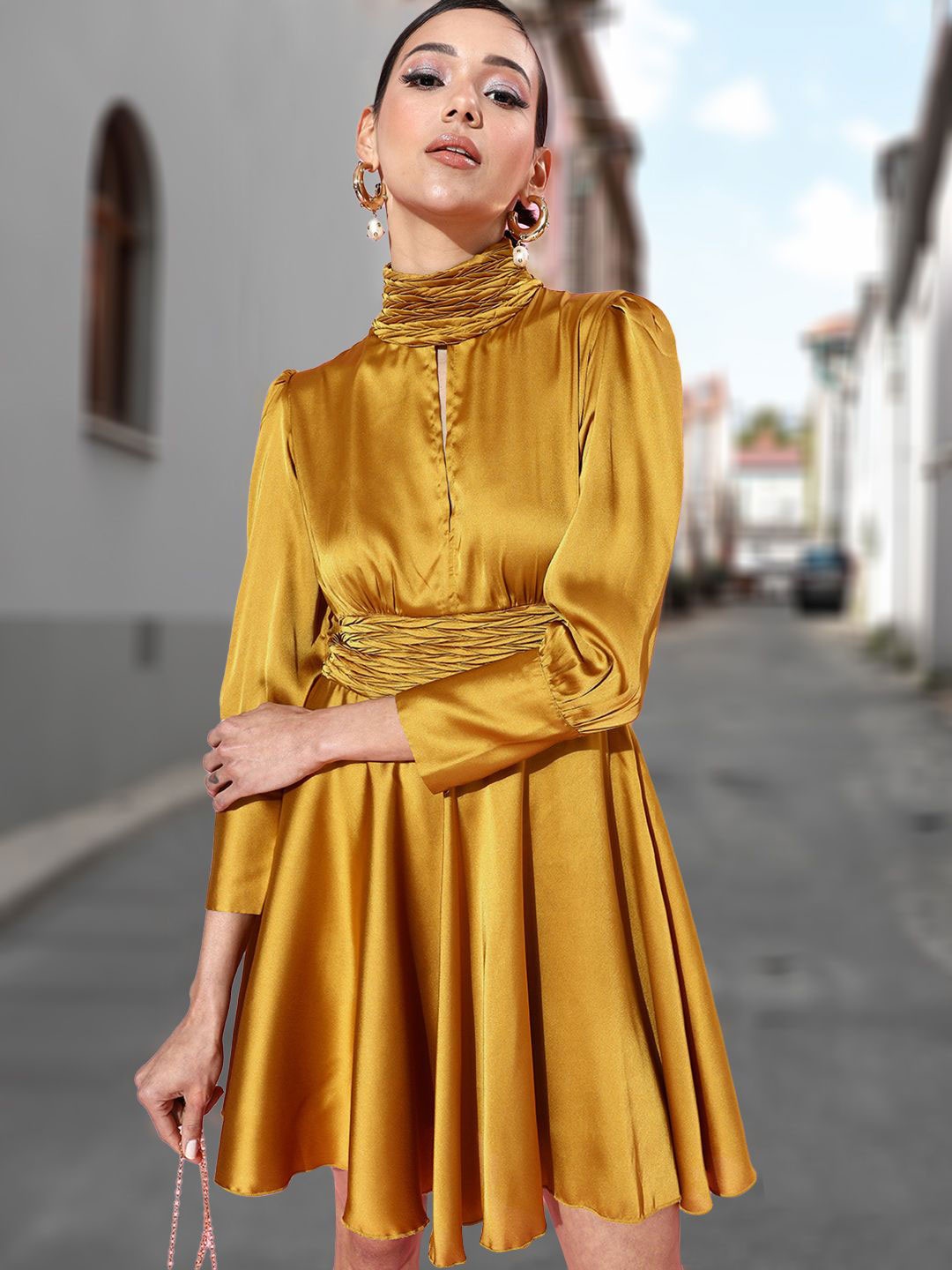 

STYLECAST X KASSUALLY High Neck Cuffed Sleeves Satin Fit & Flare Dress, Mustard