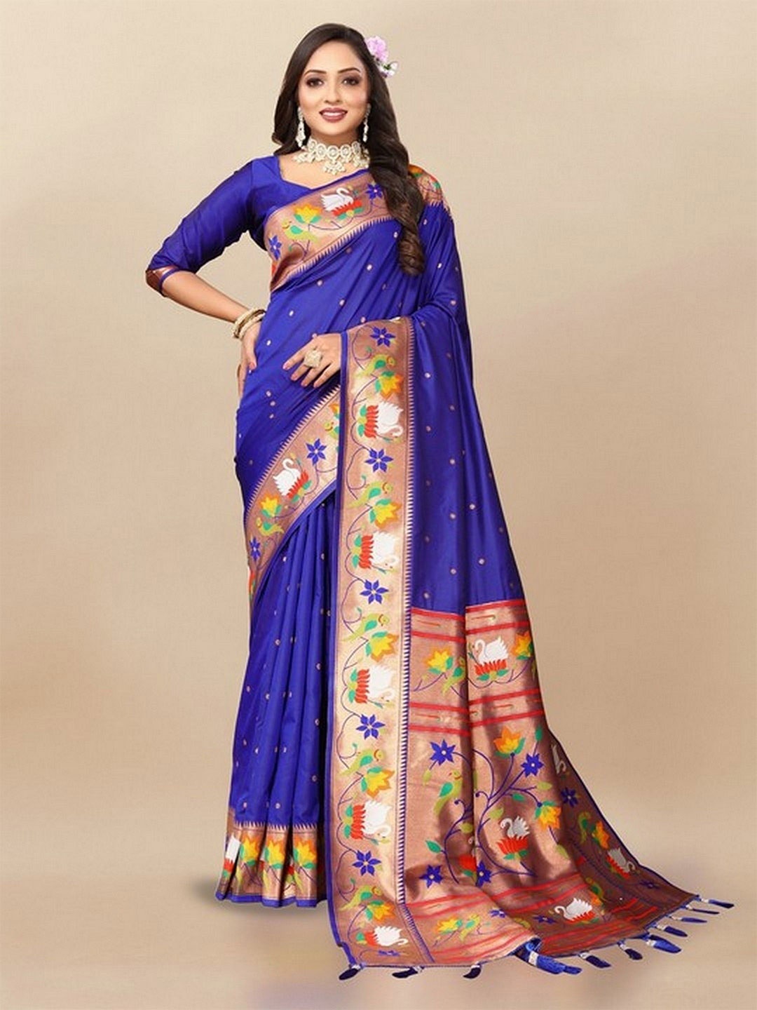 

VARNI FABRICS Woven Design Pure Silk Paithani Saree, Blue