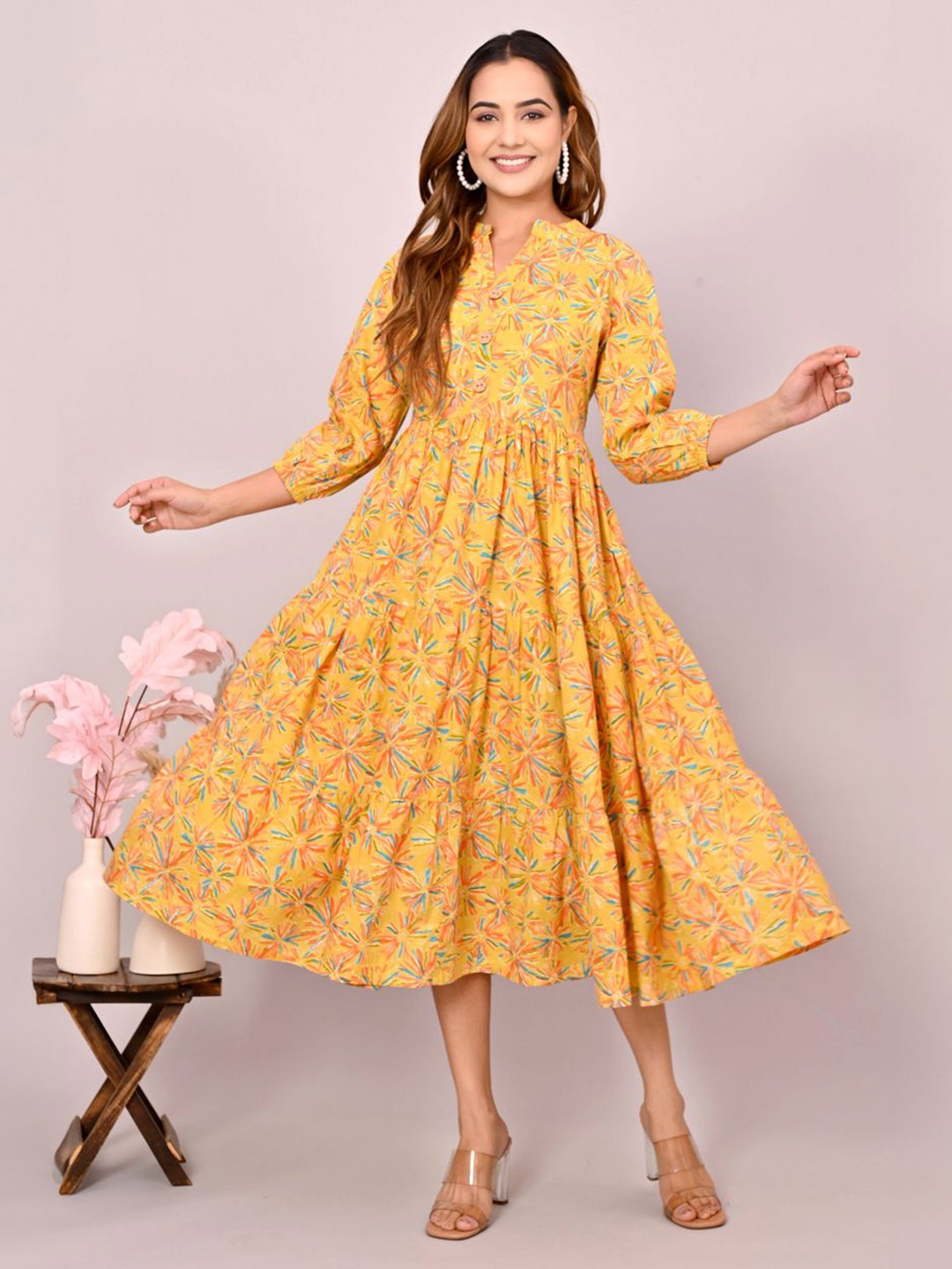 

FABRU Women Printed Mandarin Collar Cotton A-Line Dress, Yellow