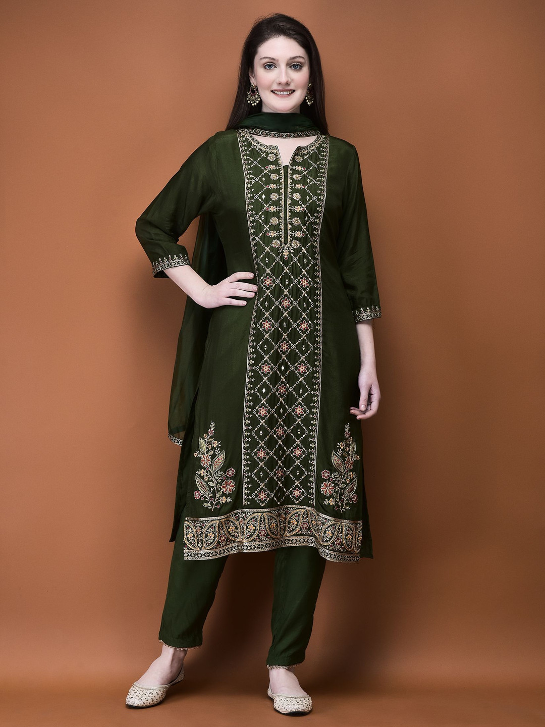 

Shree Floral Embroidered Thread Work Liva Straight Kurta With Trousers And Dupatta, Olive