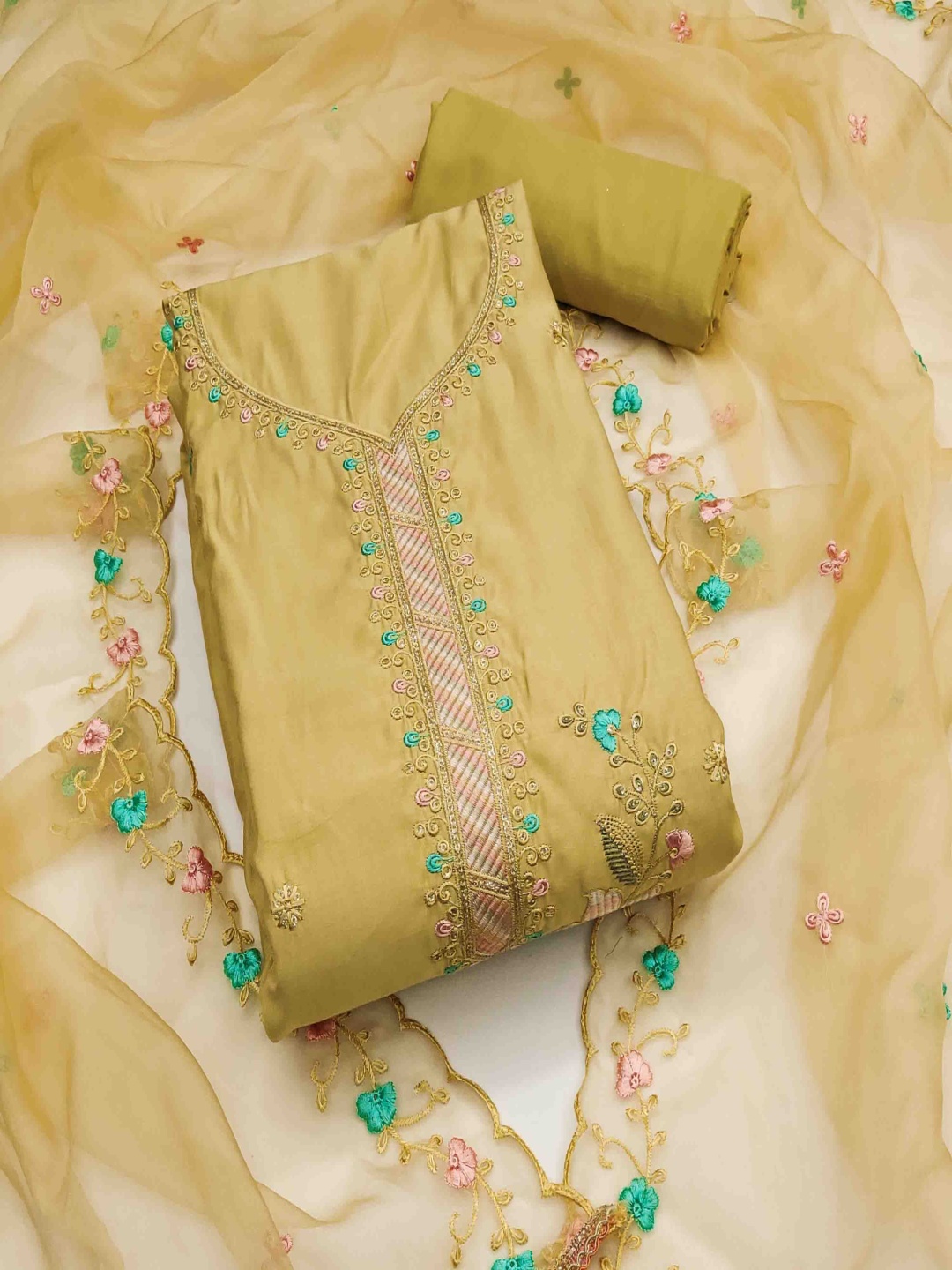 

KALINI Embroidered Unstitched Dress Material, Yellow