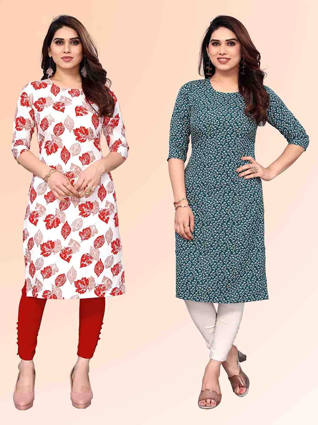 

KETAKI FASHION Selection Of 2 Floral Printed Round Neck Straight Kurtas, White