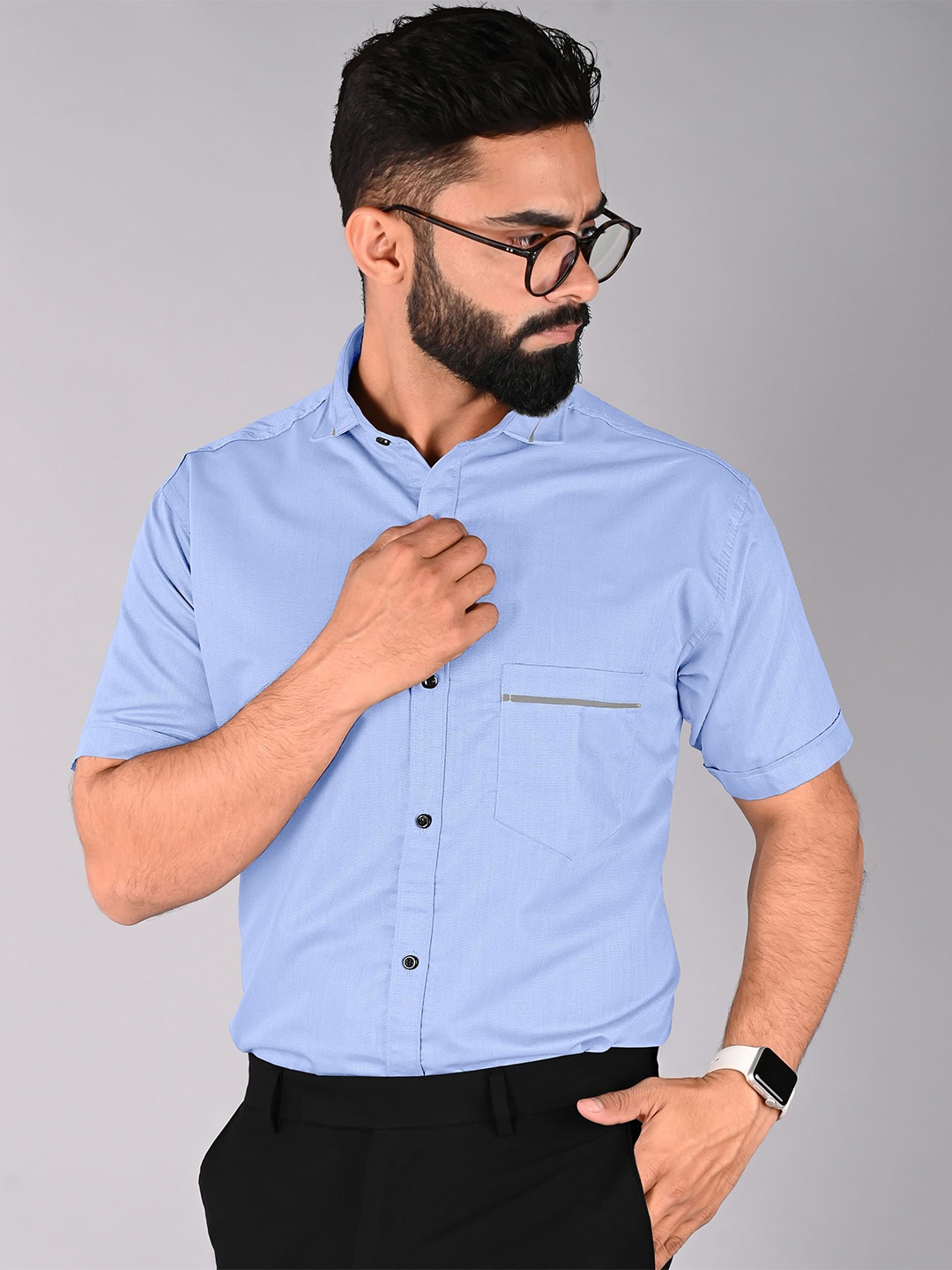 

WOXEN Men Original Fit Spread Collar Solid Cotton Casual Shirt, Blue