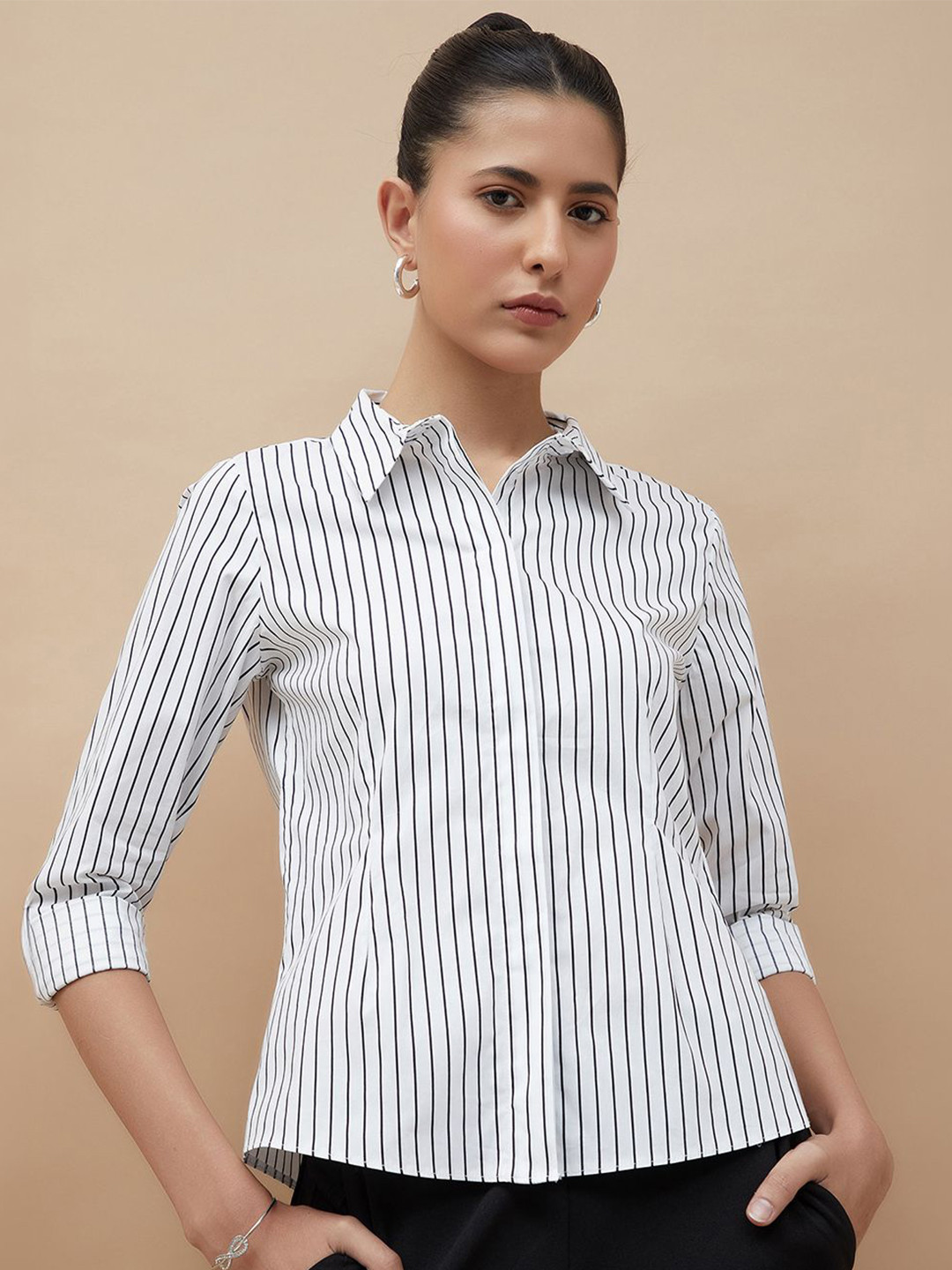 

CODE by Lifestyle Women Spread Collar Vertical Striped Cotton Casual Shirt, White