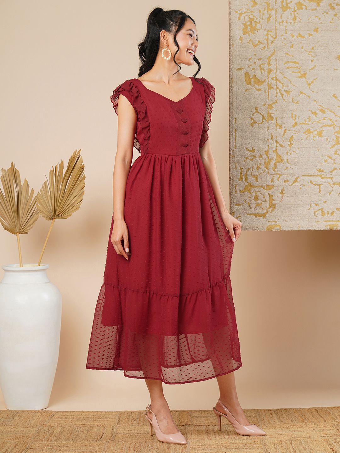 

BEN-LEE Self Design Ruffles Detail Fit & Flare Midi Dress, Maroon