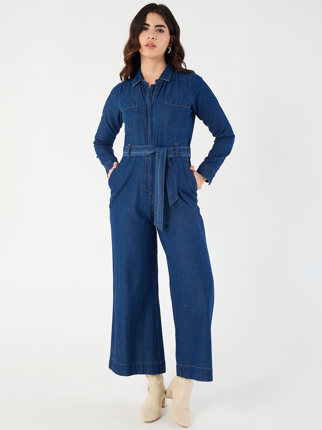 

FEMMELLA Women Zipper Detail Pure Cotton Denim Jumpsuit, Navy blue
