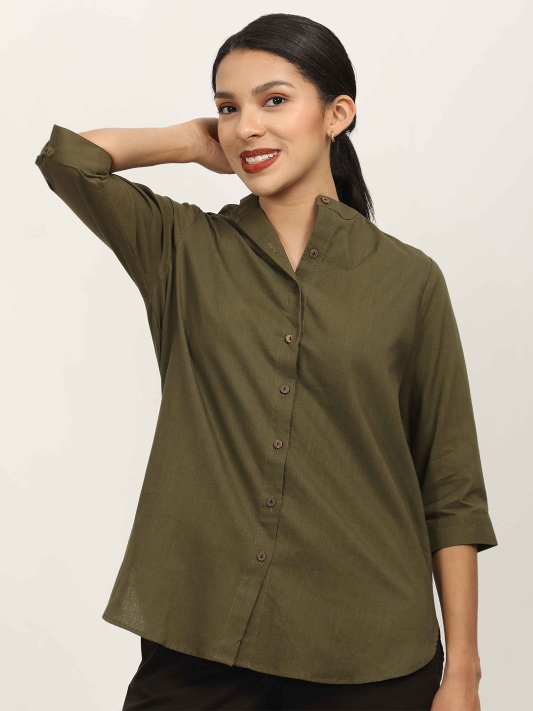 

Saltpetre Women Relaxed Fit Band Collar Solid Organic Cotton Casual Shirt, Olive