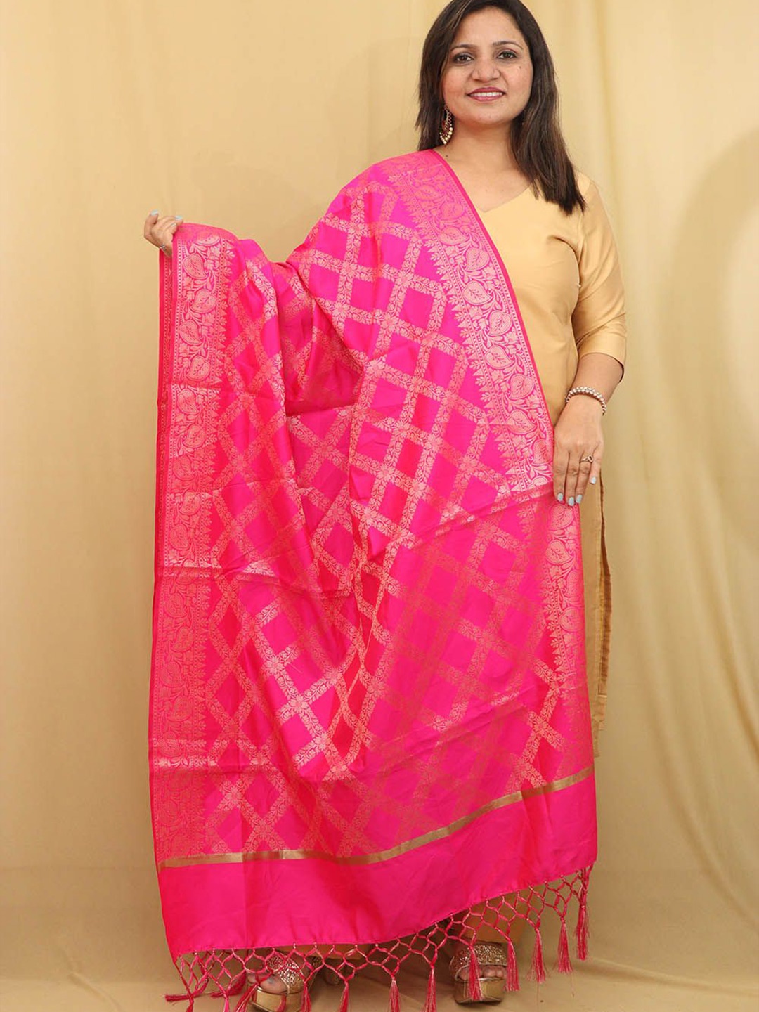 

Luxurionworld Ethnic Motifs Woven Design Zari Silk Dupatta, Pink