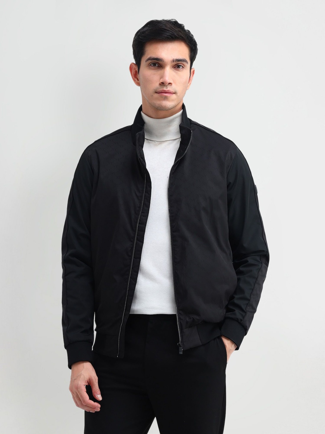 

Arrow New York Men Mock Collar Solid Casual Bomber Jacket, Black