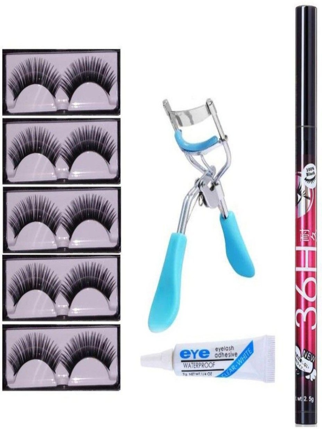 

Lenon Set Of 4 False Eyelashes With Glue- Eyeliner & Curler, Black