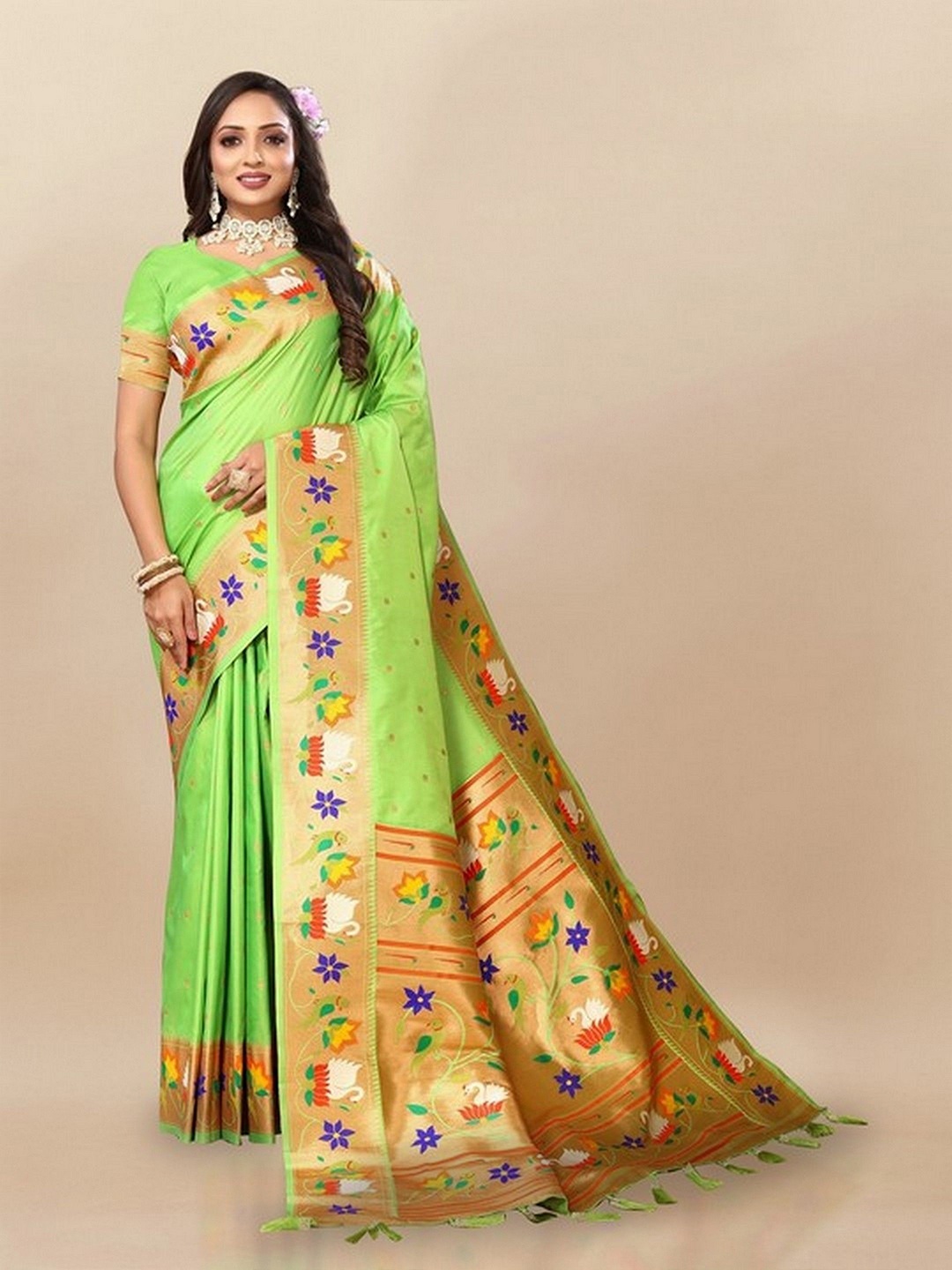 

VARNI FABRICS Woven Design Zari Pure Silk Paithani Saree, Green