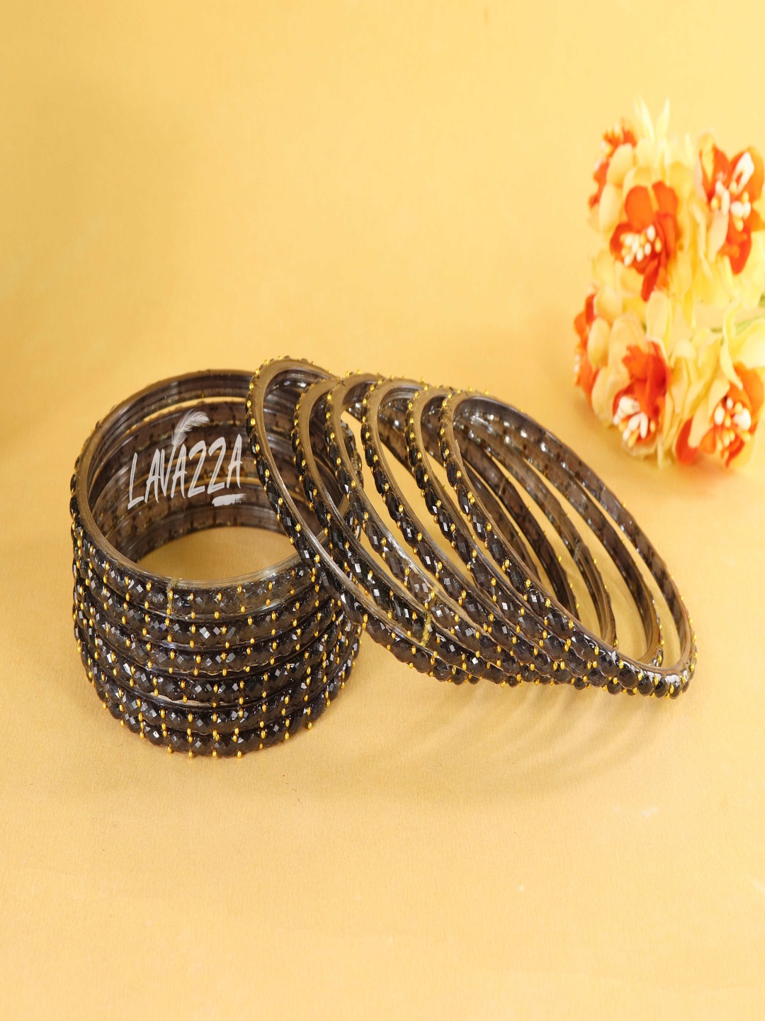 

LAVAZZA Set Of 12 Raindrop Glass Crystals & Zircon Beaded Bangles, Black
