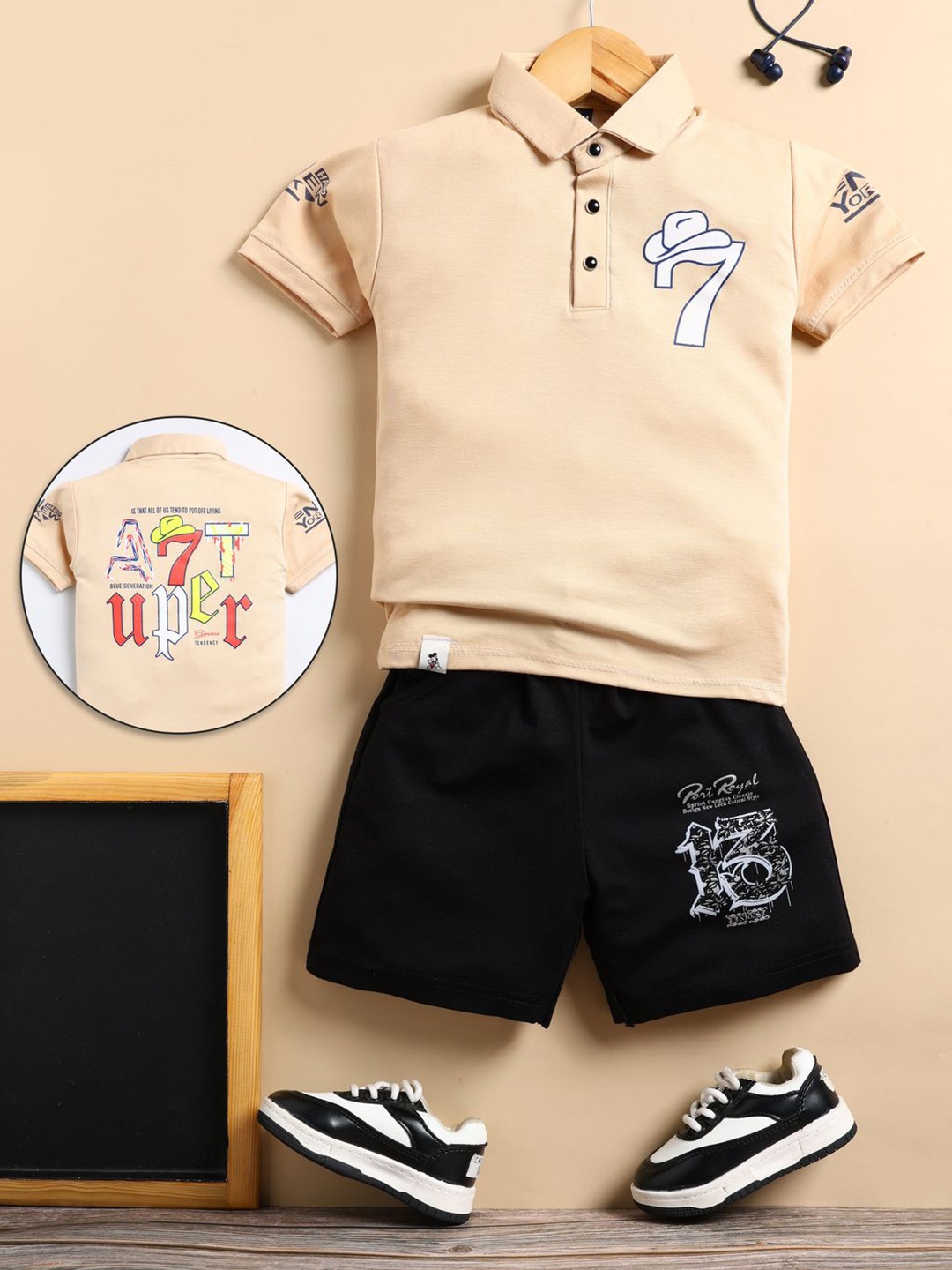 

SARDAR DRESSES Boys Printed Polo Collar T-Shirt With Shorts, Cream