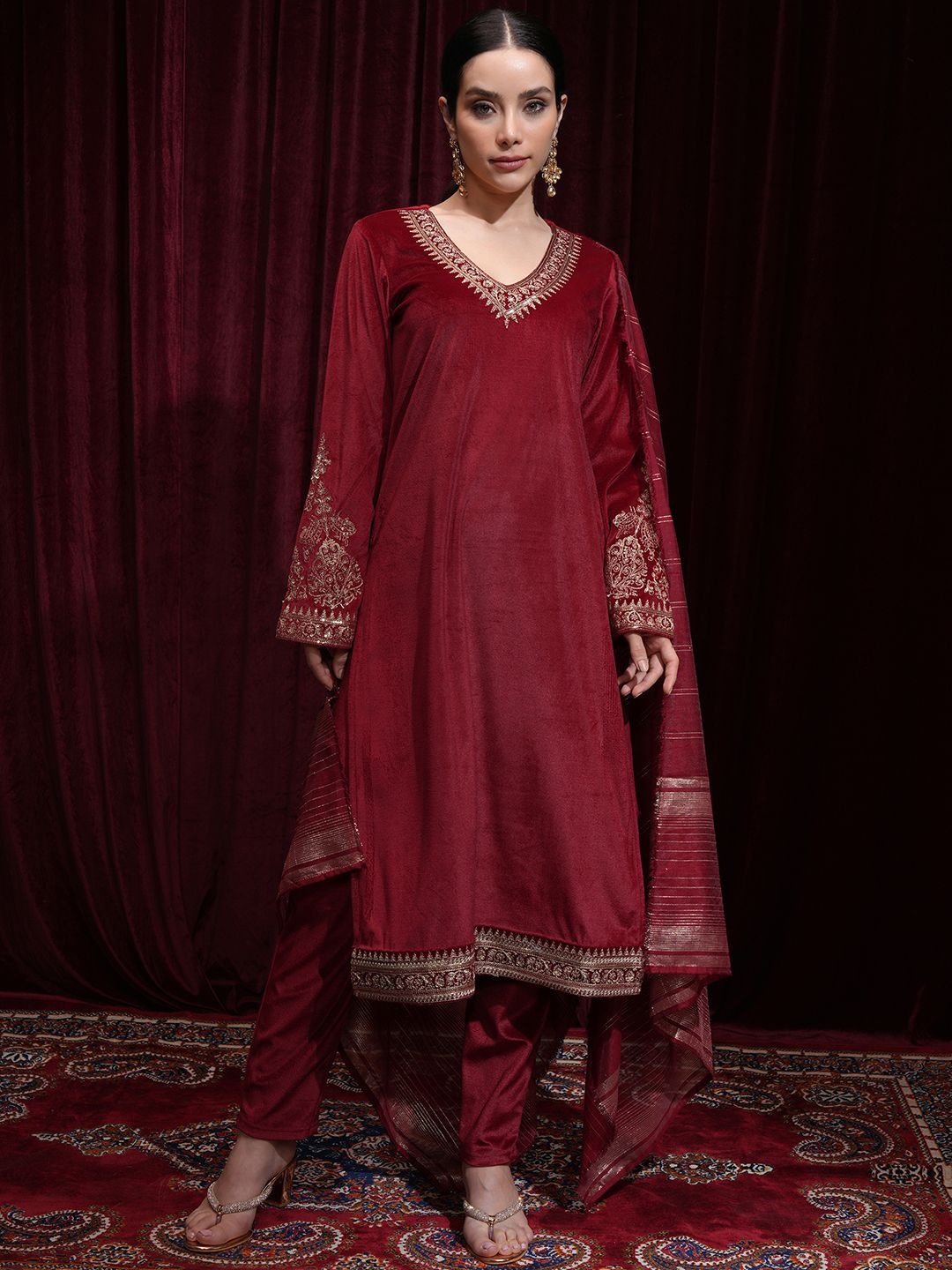 

Vishudh Women Ethnic Motifs Embroidered Regular Kurta with Trousers & With Dupatta, Red