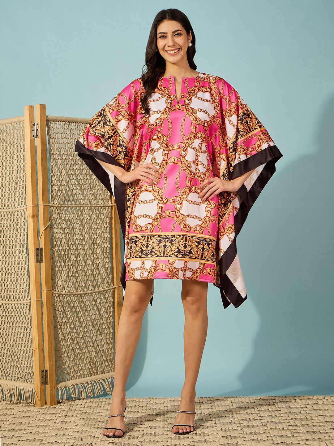 

The Kaftan Company Women Printed Kimono Sleeves Satin Kaftan Dress, Pink