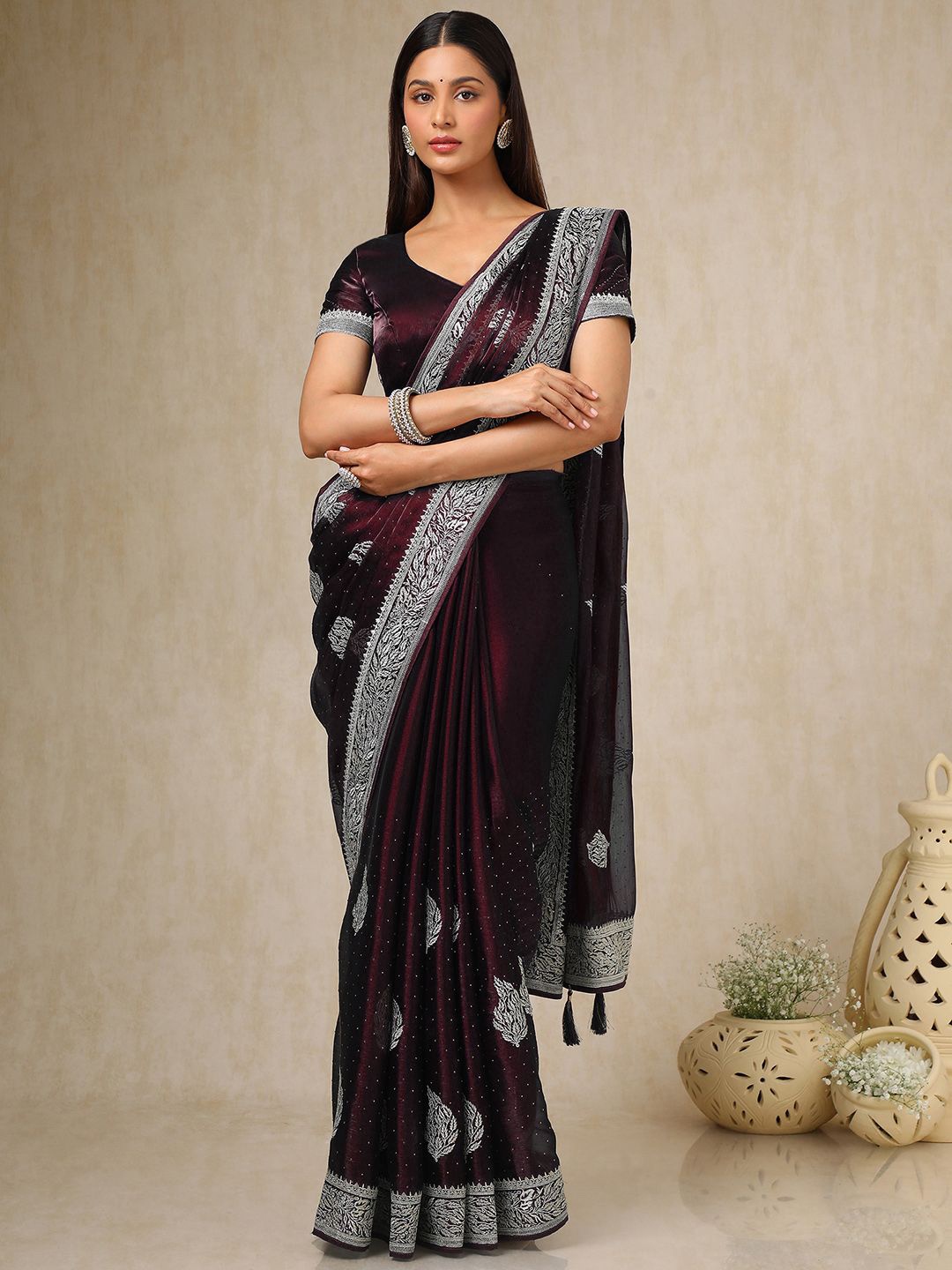 

Soch Floral Beads and Stones Organza Saree, Purple