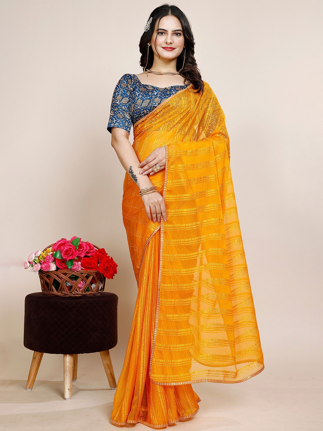 

K 5 Fashion Striped Sequinned Pure Chiffon Saree, Mustard