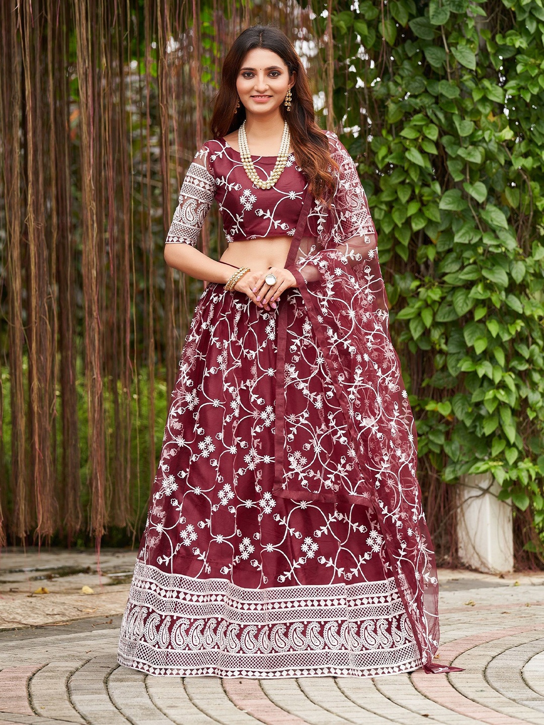 

KALINI Embroidered Thread Work Semi-Stitched Lehenga & Unstitched Blouse With Dupatta, Maroon