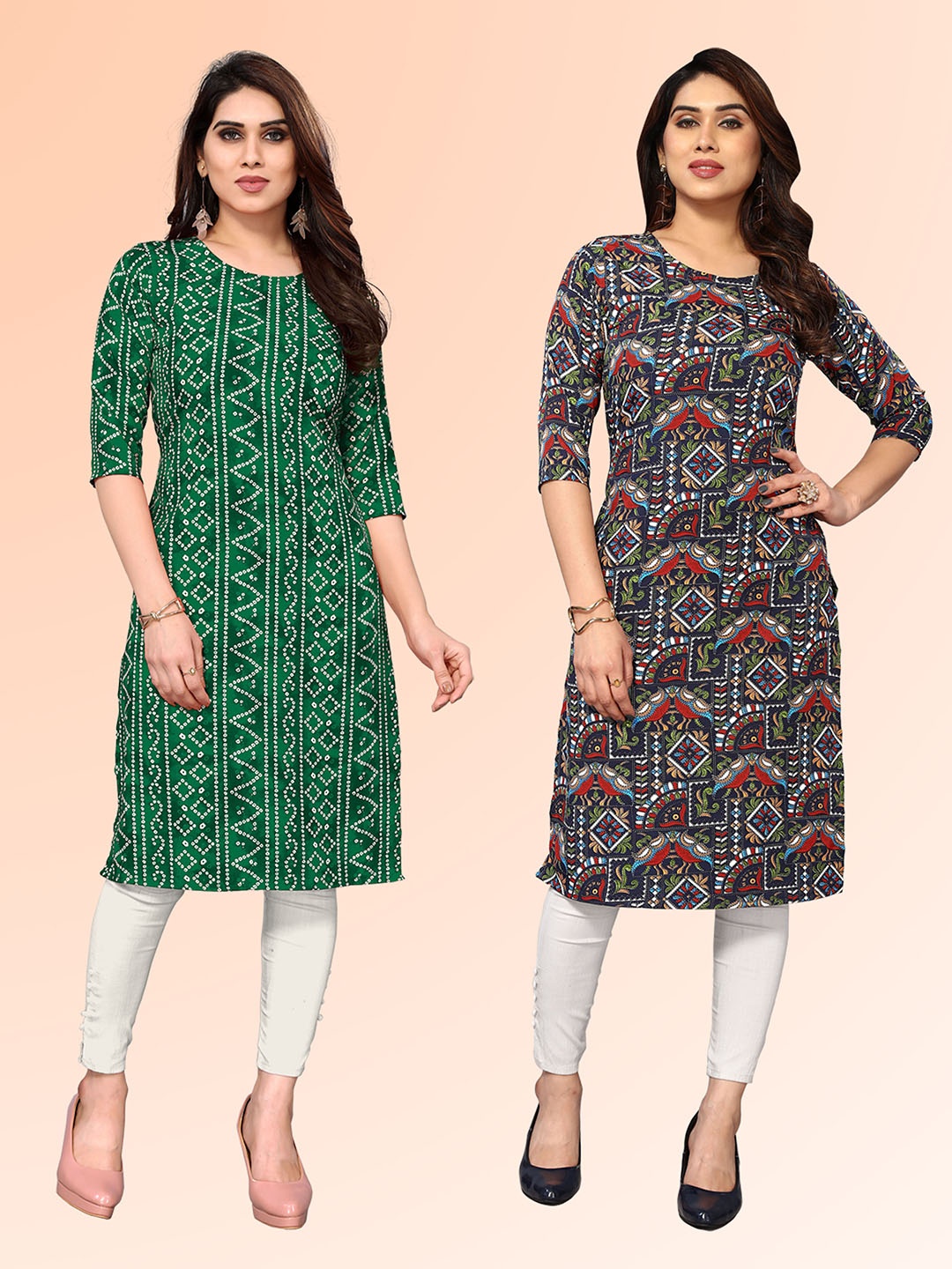 

KETAKI FASHION Selection Of 2 Bandhani Printed Round Neck Straight Kurtas, Green