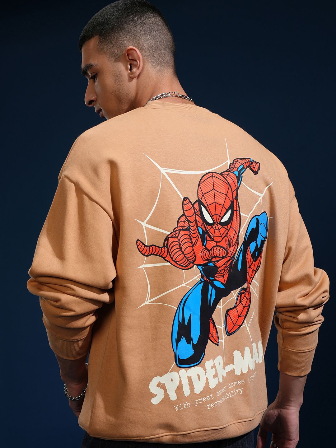 

HIGHLANDER Marvel Spider-Man Men Round Neck Drop Shoulder Oversized Sweatshirt, Brown