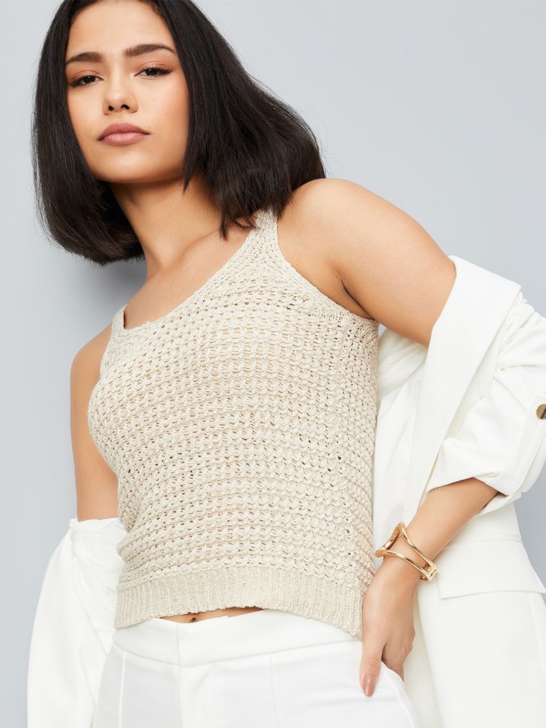 

max Women Self Design Scoop Neck Top, Beige