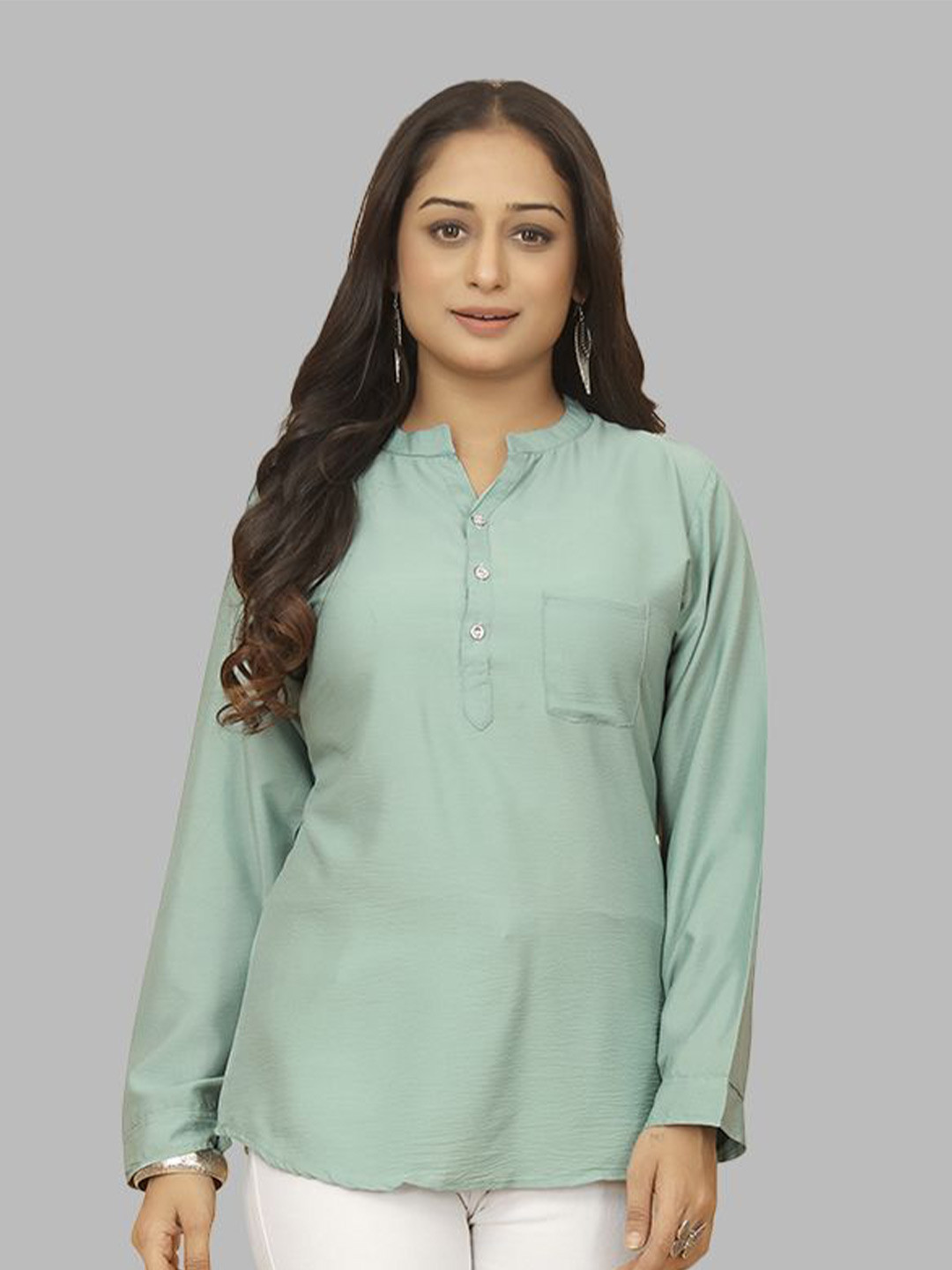 

Krimmple Women Mandarin Collar Cotton Shirt Style Top, Green