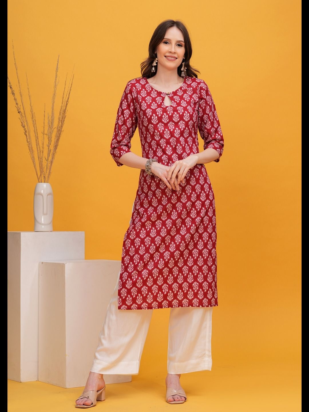 

Vilgi Floral Printed Pure Cotton Round Neck Straight Kurta With Trousers, Red