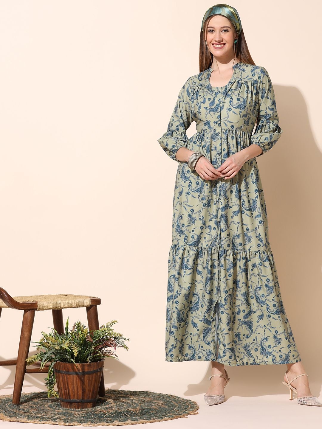 

BAESD Women Paisley Printed Puff Sleeve Maxi Dress, Green