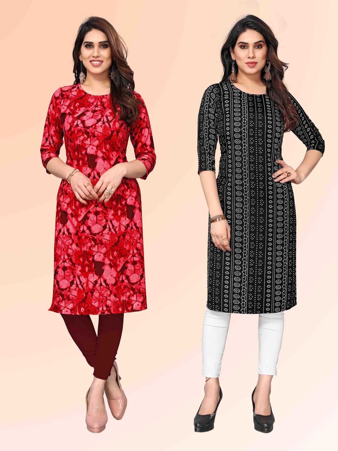 

KETAKI FASHION Selection Of 2 Abstract Printed Round Neck Straight Kurtas, Red