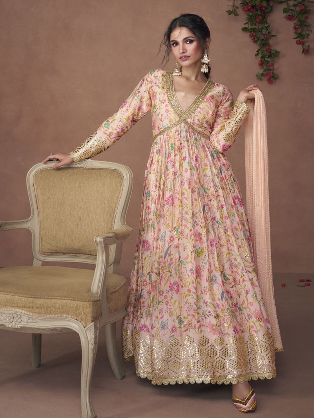 

ASISA Floral Printed Sequinnce Embellished Empire Style V Neck Anarkali Kurta With Dupatta, Pink