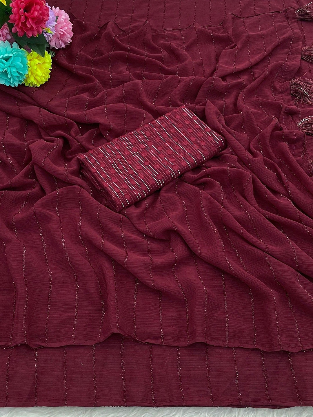 

K 5 Fashion Striped Embroidered Pure Chiffon Saree, Maroon