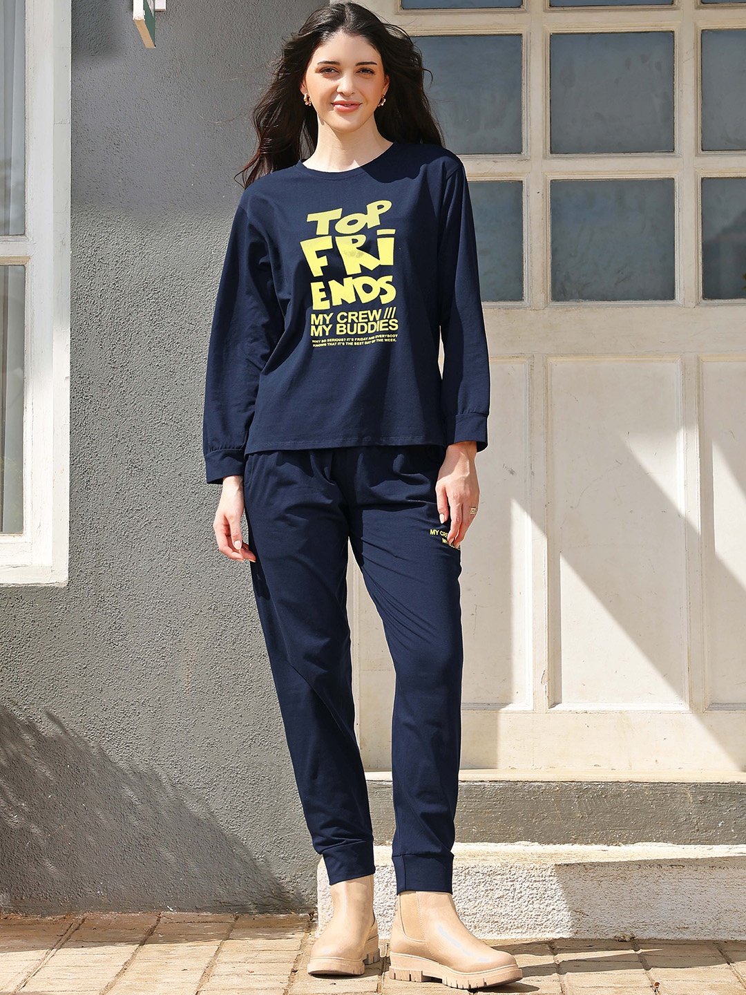 

Zeyo Printed Round Neck T-Shirt With Jogger, Navy blue