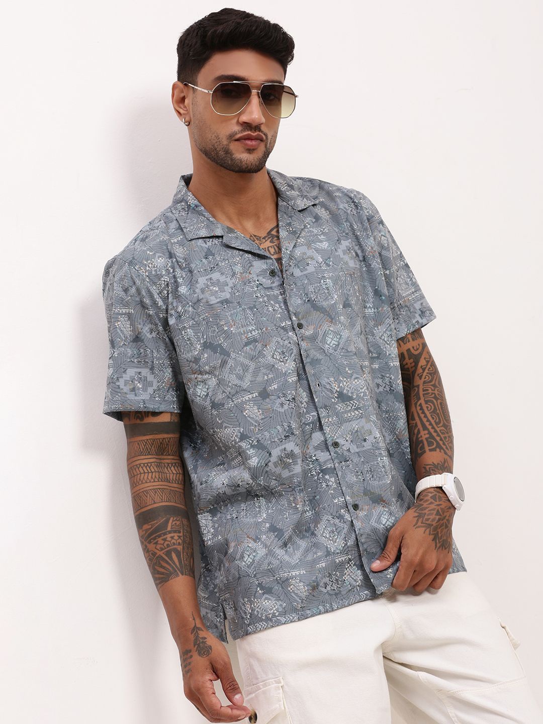 

SHOWOFF Men Comfort Relaxed Fit Cuban Collar Abstract Printed Cotton Casual Shirt, Grey