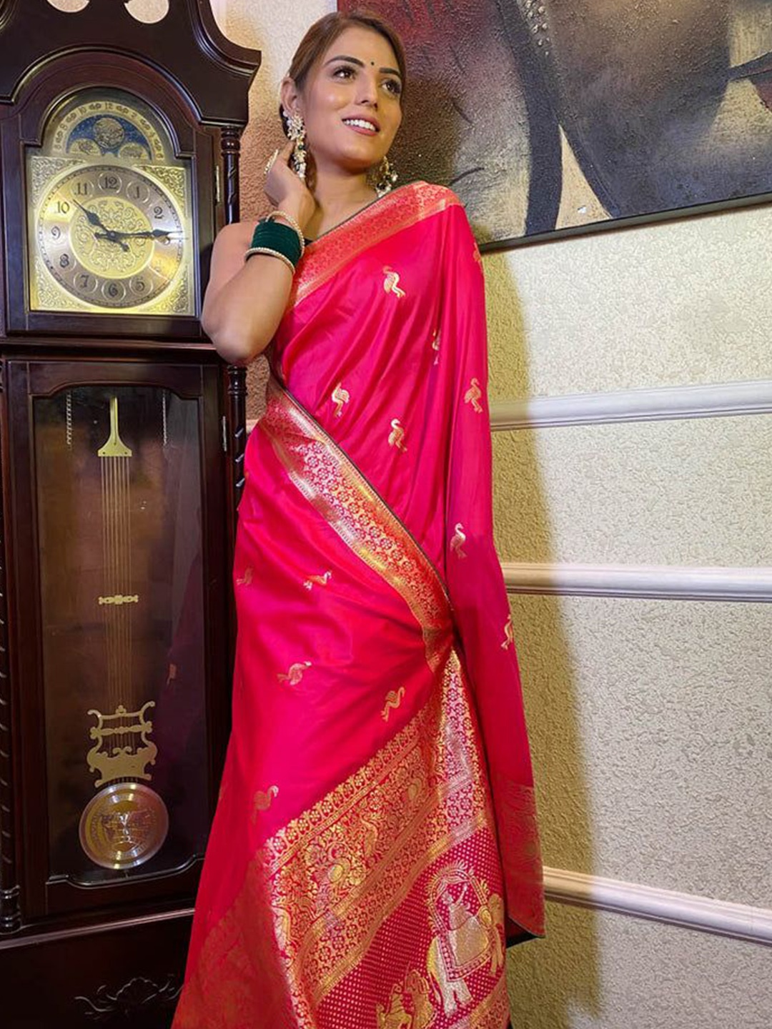 

ZIKARAA Ethnic Motifs Woven Design Zari Pure Silk Saree, Pink