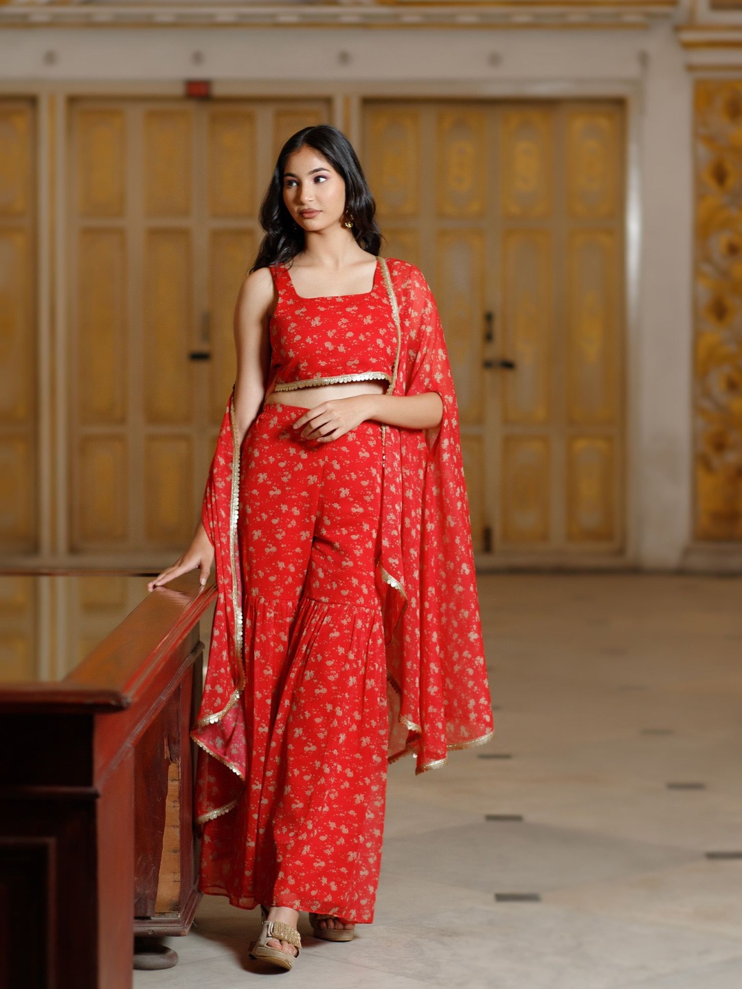 

Salvia Sky Floral Printed Square Neck Crop Top With Sharara & Cape Co-Ords, Red