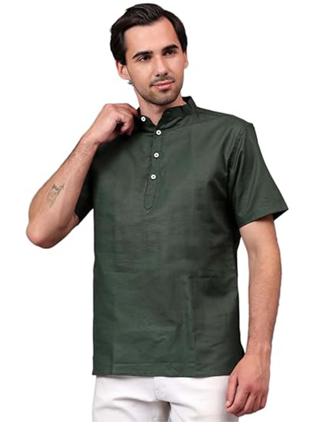 

EdinWolf Mandarin Collar Cotton Slim Fit Straight Kurta, Green
