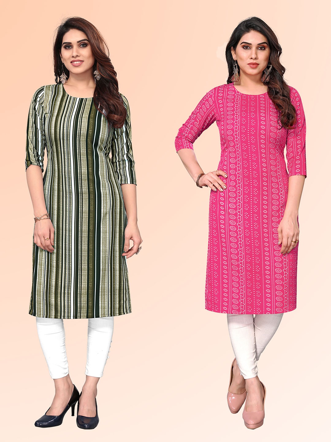 

KETAKI FASHION Selelction Of 2 Striped Round Neck Straight Kurtas, Olive