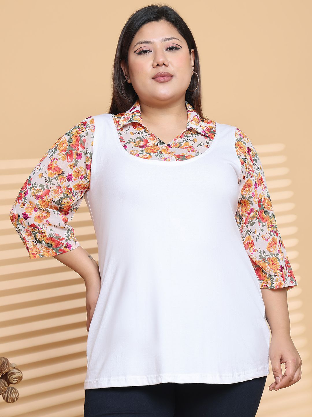 

theRebelinme Women Floral Cotton Plus Size Top, Orange