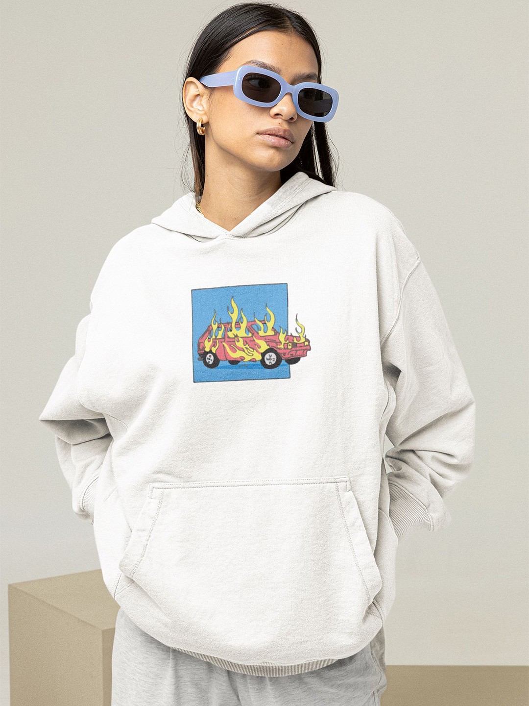 

TheBTclub Women Hotwheel Printed Hooded Sweatshirt, White