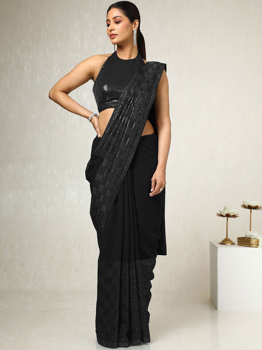 

Soch Embellished Sequinned Poly Georgette Saree, Black