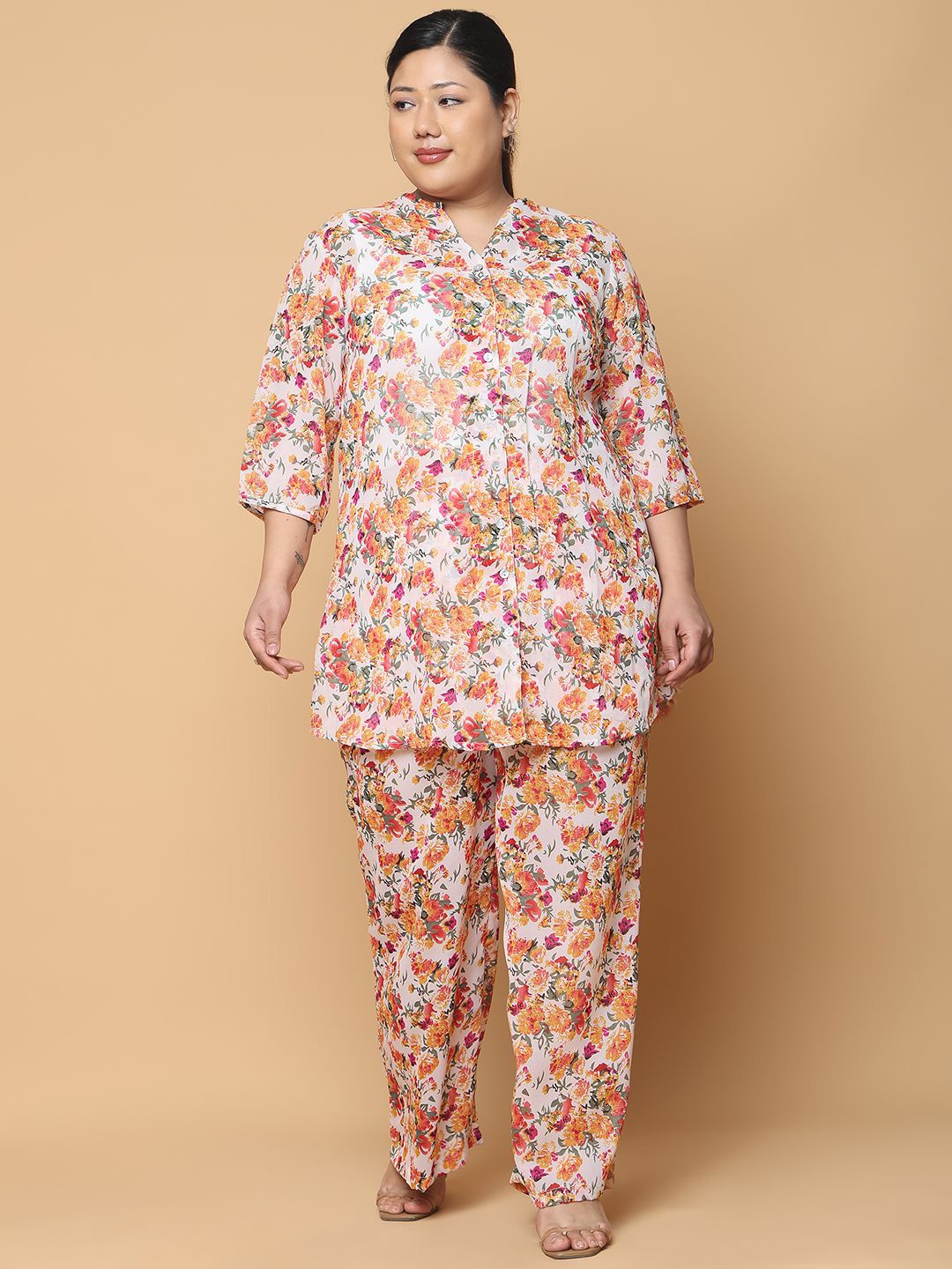 

theRebelinme Plus Size Printed Georgette Shirt With Trousers, White
