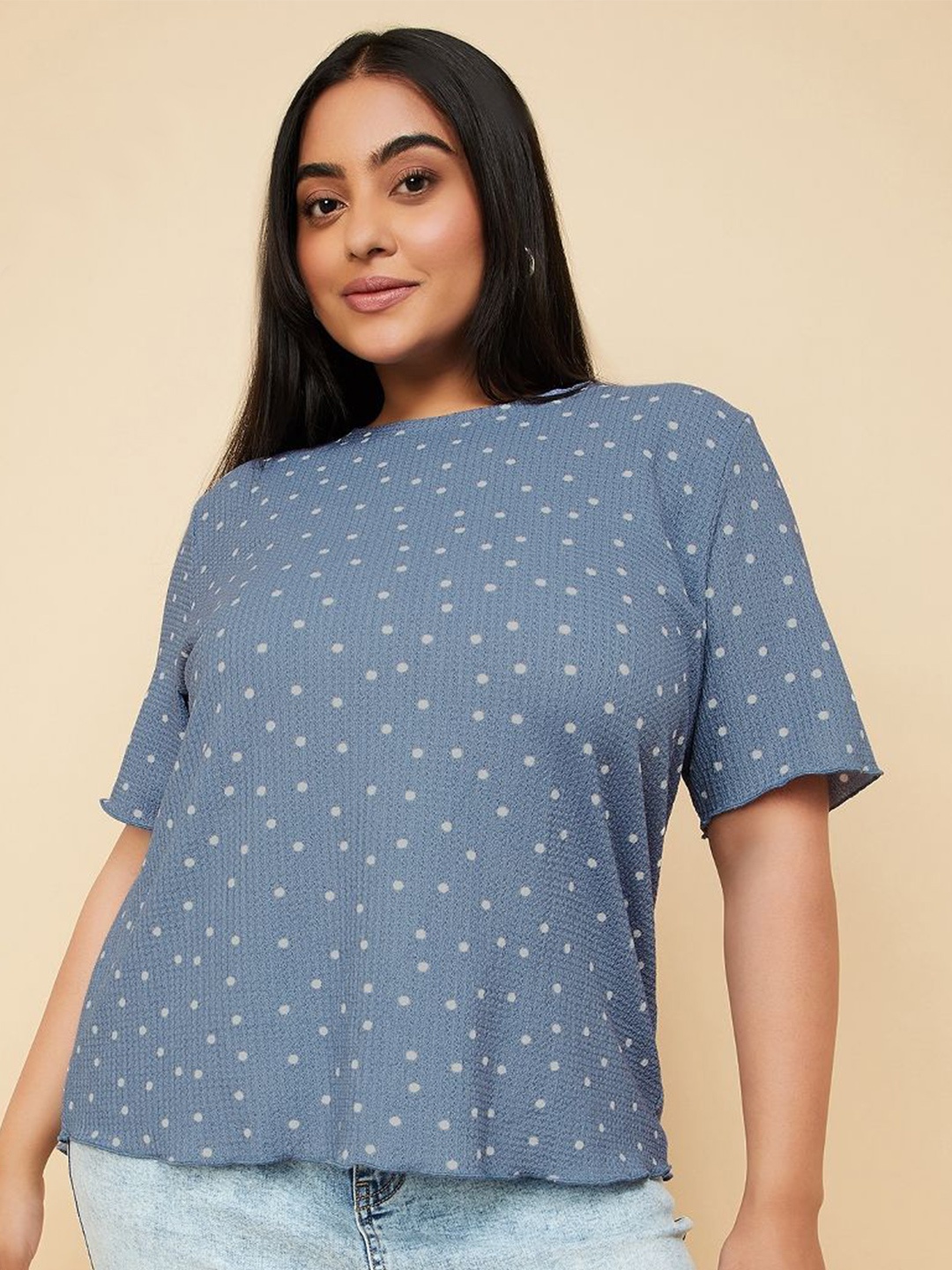 

max Women Polka Dot Printed Boxy Top, Blue