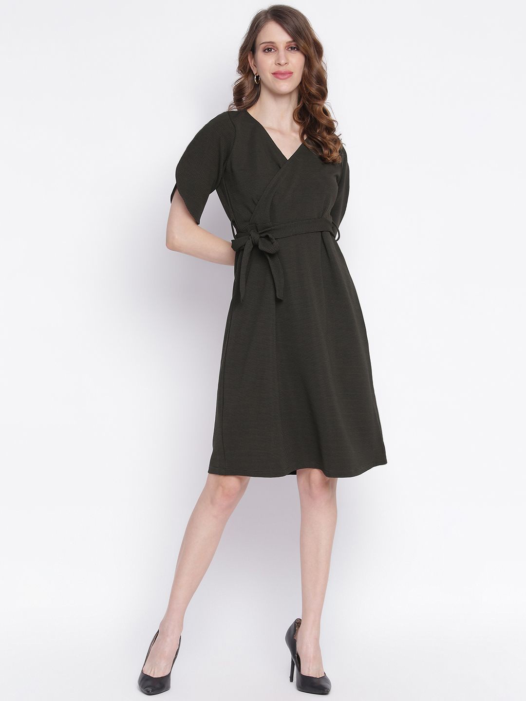 

VYMO Cotton A-Line Dress With Tie-Ups, Olive