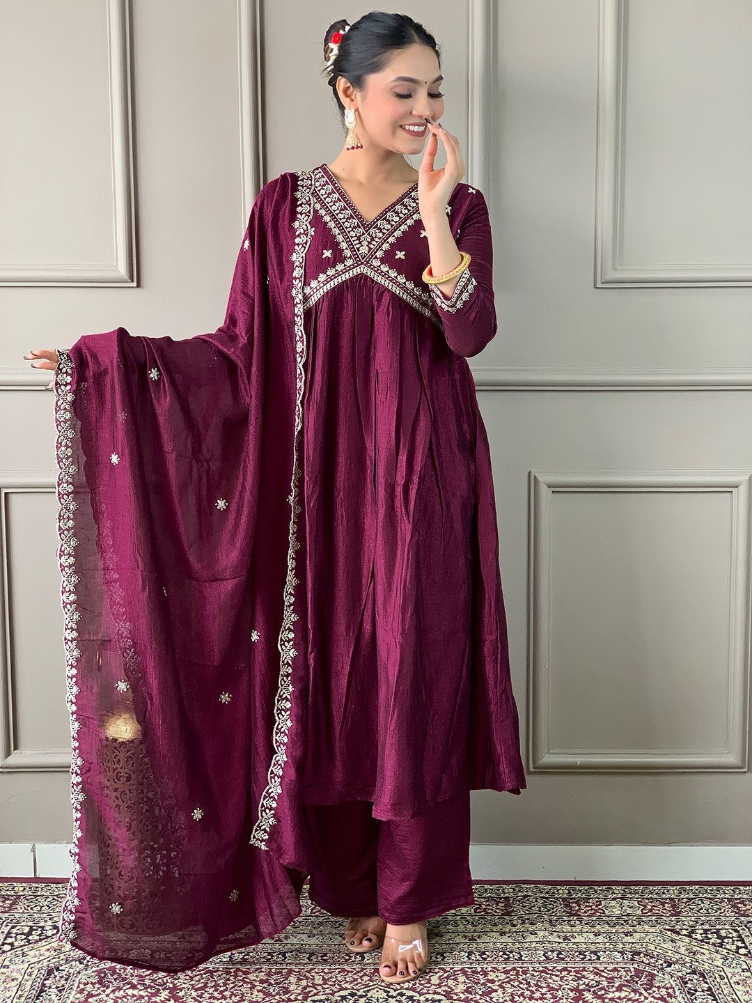 

KALINI Women Ethnic Motifs Embroidered Regular Kurta with Trousers & With Dupatta, Purple