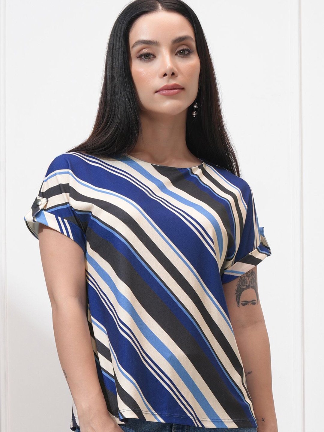 

Tokyo Talkies Women Striped Short Sleeves A-Line Top, Blue