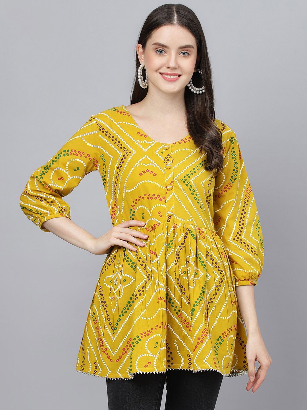 

BAESD Women Ethnic Motifs Printed Puff Sleeve Pure Cotton Peplum Top, Mustard